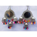Sun design oxidized silver triple jhumka earrings with mirror and pearls