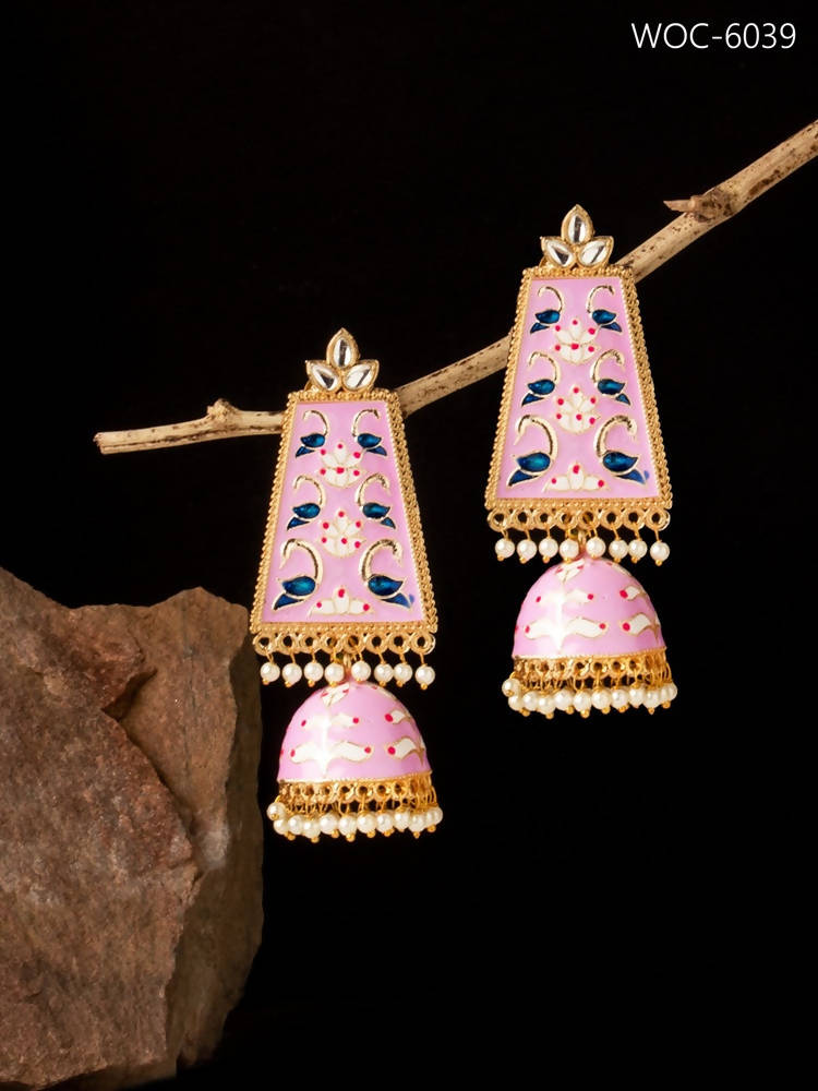 Johar Kamal Pink Kundan Meenakari Jhumka Earrings for Girls