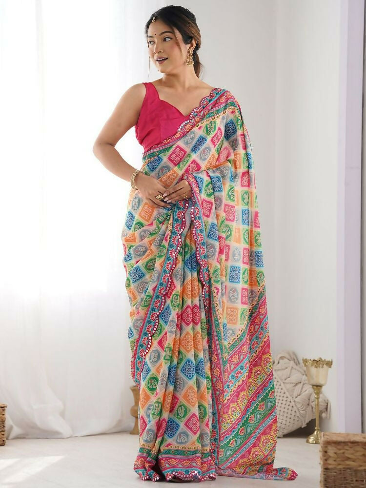 Multi-Color Georgette Digital Print Saree With Mirror Work