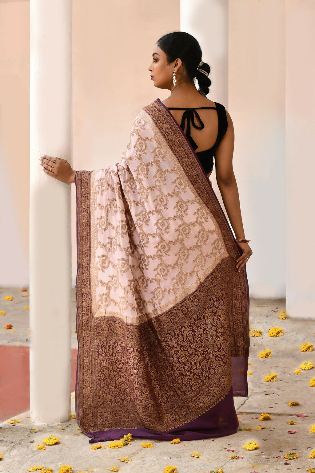 Ivory Crepe Chiffon Handloom Banarasi Silk Saree
