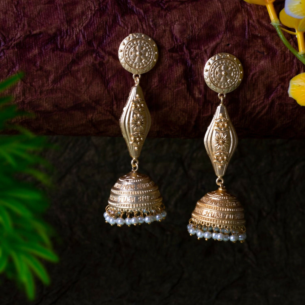 Matte Gold Brass Jhumka Earrings with Intricate Handcrafted Detail