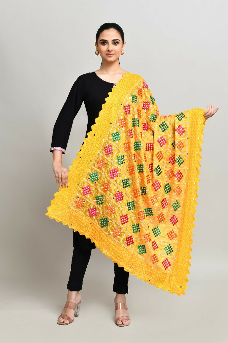 Multi color cotton Phulkari dupatta with detailed traditional embroidery work