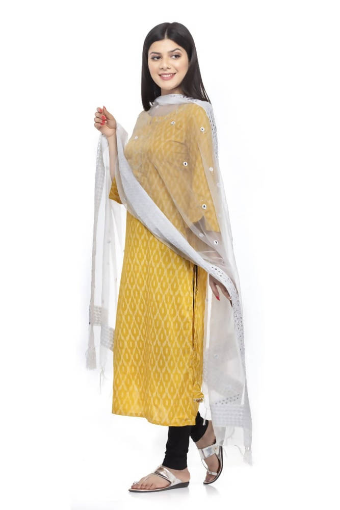 White Organza Cotton Dupatta with 6 Line Mirror Border