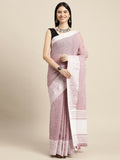 A elegant purple linen saree with matching blouse fabric, perfect for formal ethnic wear.