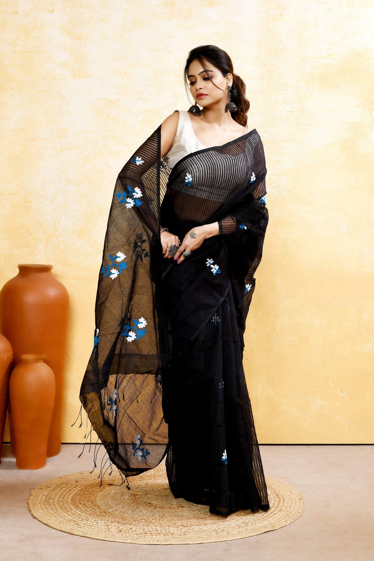 Black Cotton Blend Saree with Embroidered Embellishments