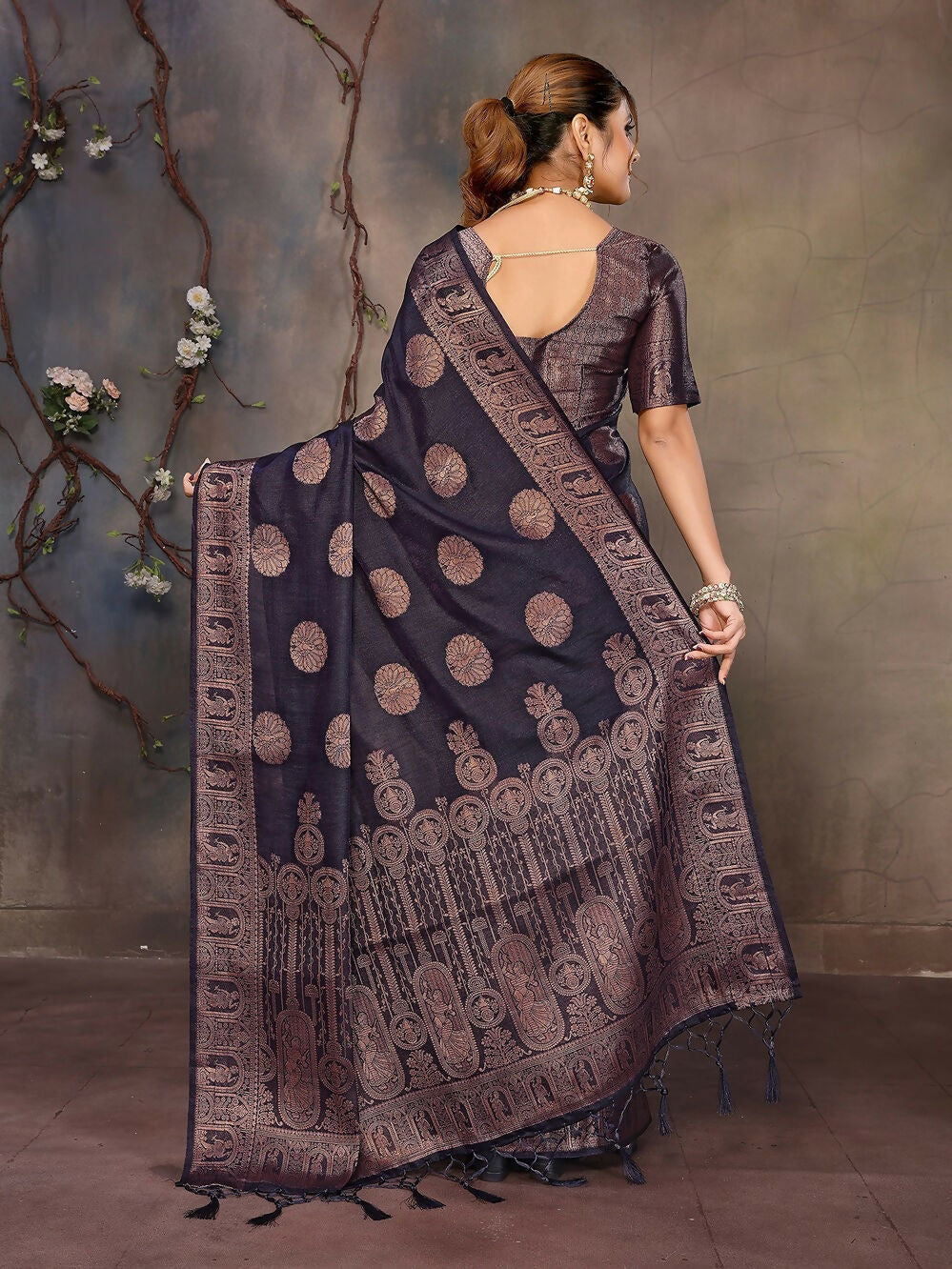 Navy Blue Woven Jacquard Banarasi Silk Saree with Unstitched Blouse