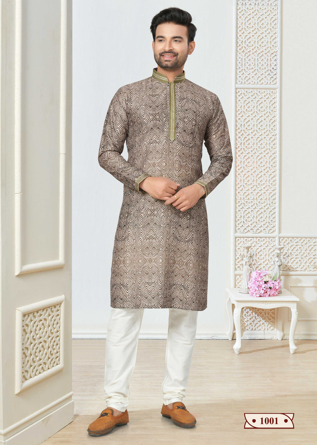 A toddler boy in a comfortable grey cotton printed kurta pyjama set