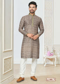 A toddler boy in a comfortable grey cotton printed kurta pyjama set