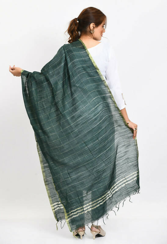 Bottle Green Cotton Zari Box Pattern Dupatta for Women