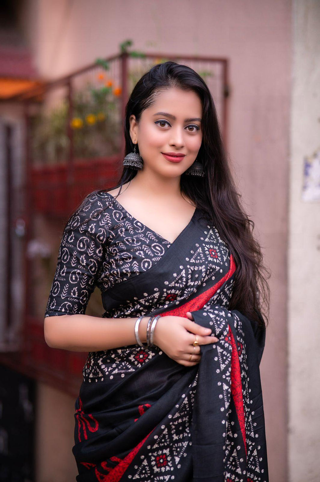 Black Silk Blend Saree with Batik Print and Matching Blouse