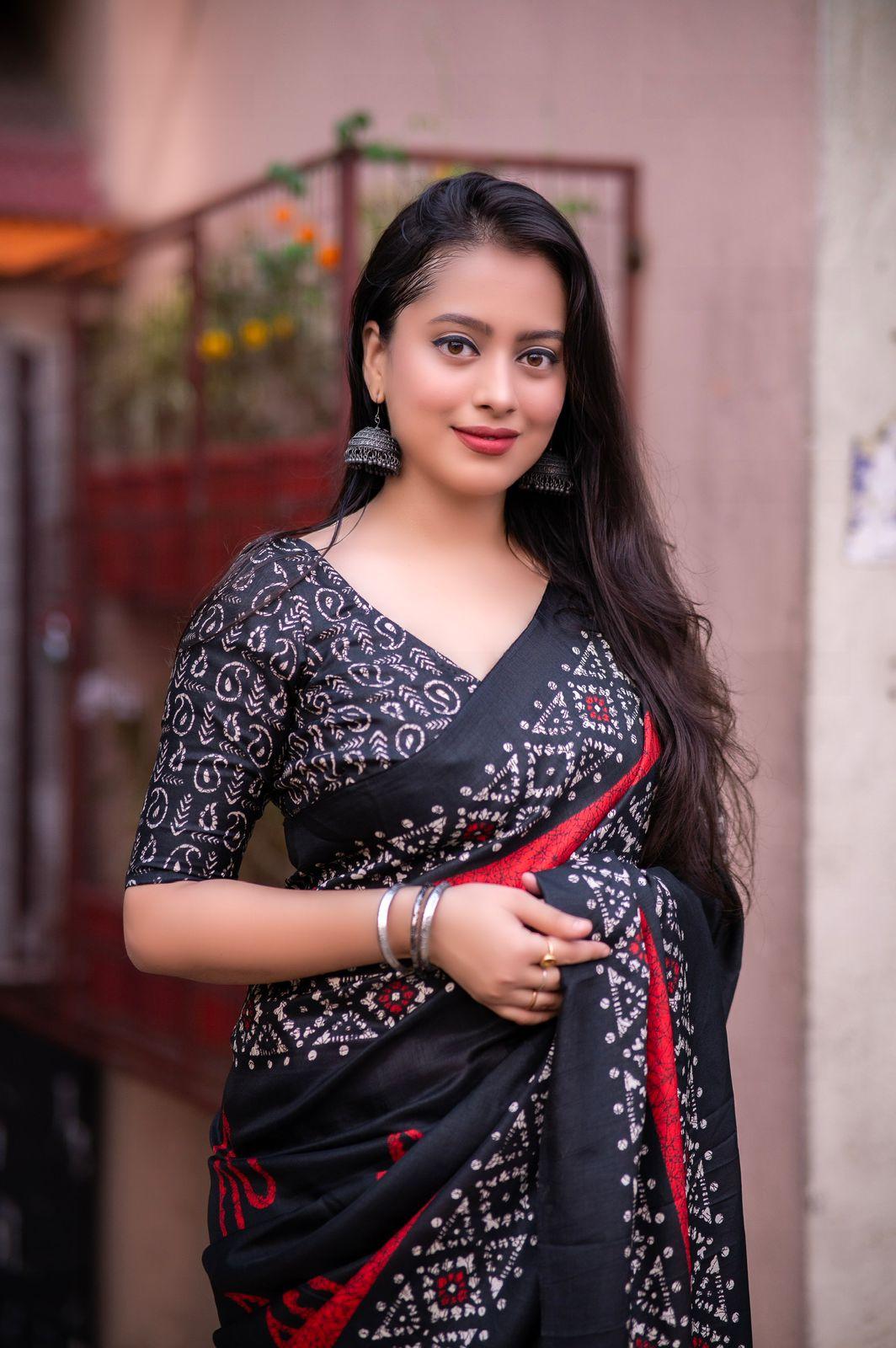Black Silk Blend Saree with Batik Print and Matching Blouse