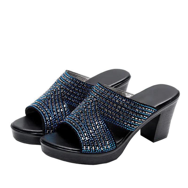 Rhinestone Platform Thick Heel High Heels