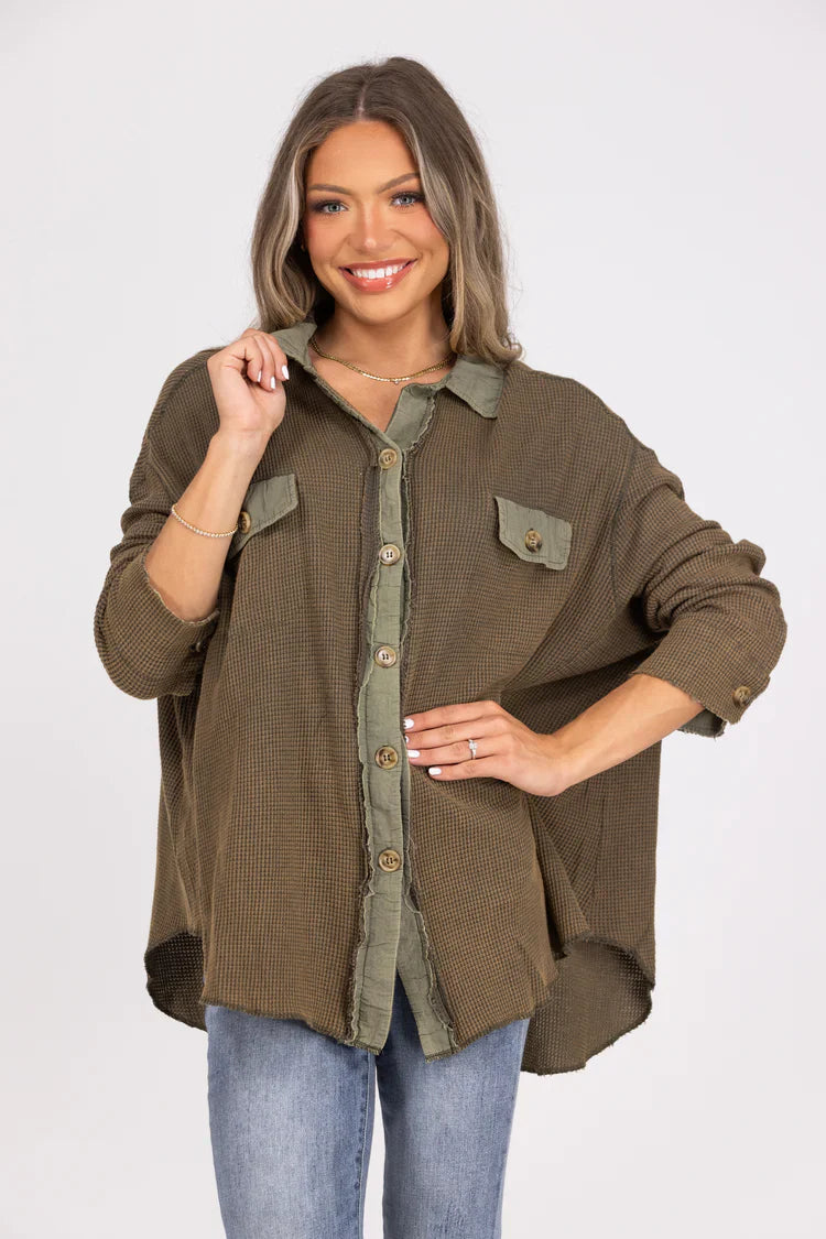 Zenana Waffle Knit Button-Up Top in Taupe Brown
