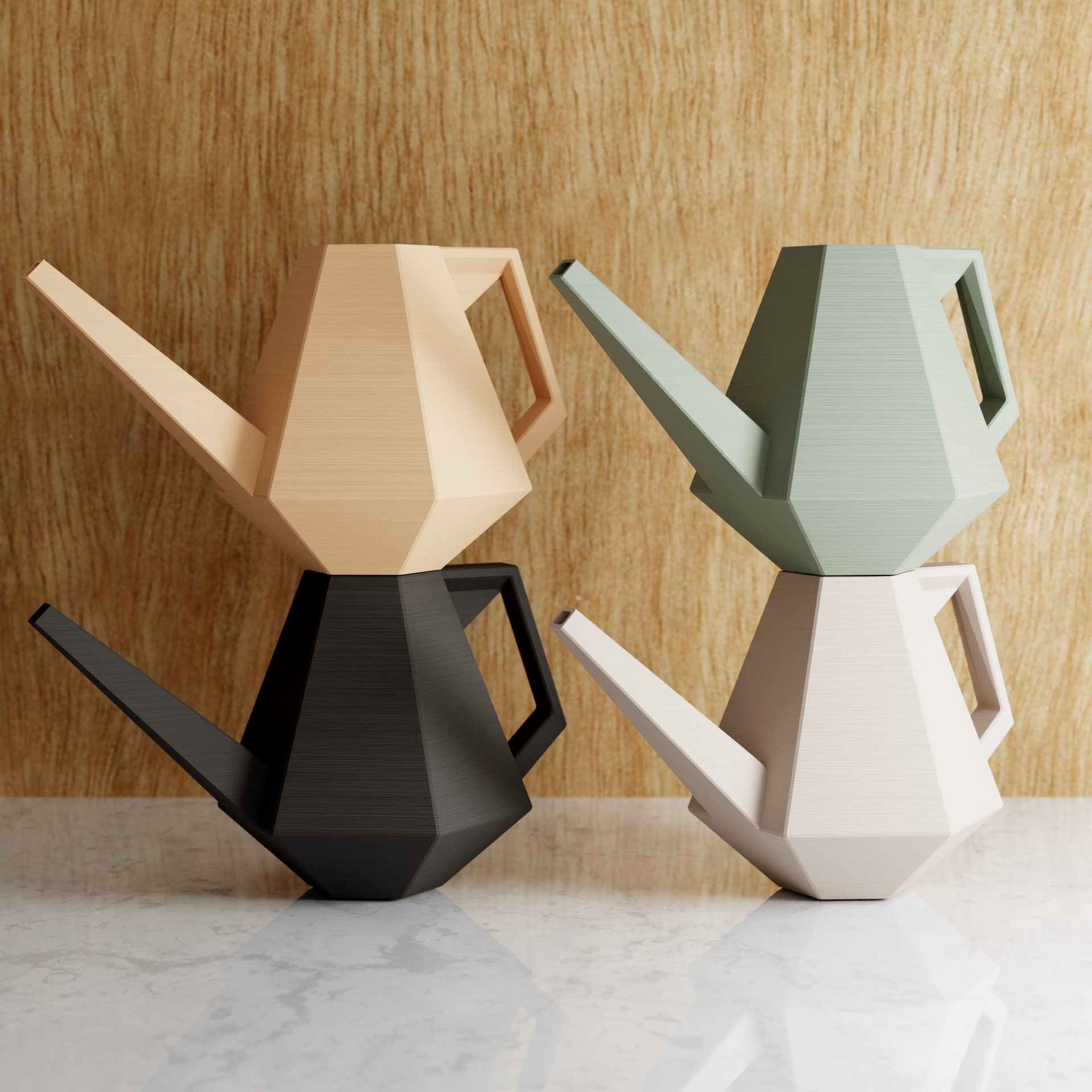 A collection of modern, geometric-shaped ZENFLOW watering cans in various matte colors displayed on a marble surface.