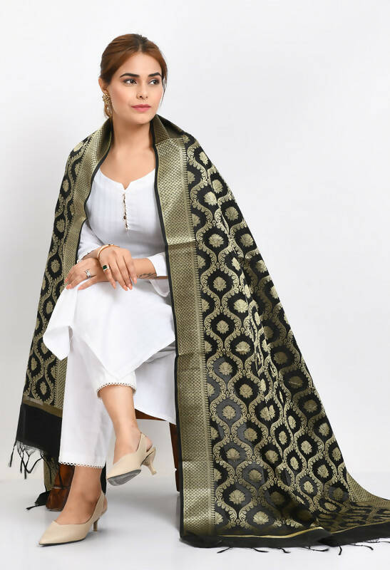 Black Banarasi Silk Woven Design Dupatta for Ethnic Wear