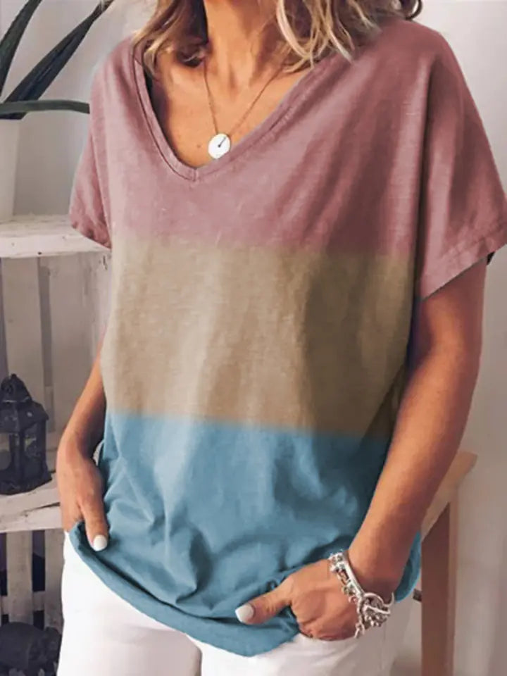 Women's Short Sleeve V-Neck Color Block Gradient T-Shirt - Image 21