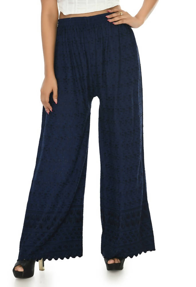 Navy blue rayon cotton palazzo with detailed Chikankari embroidery