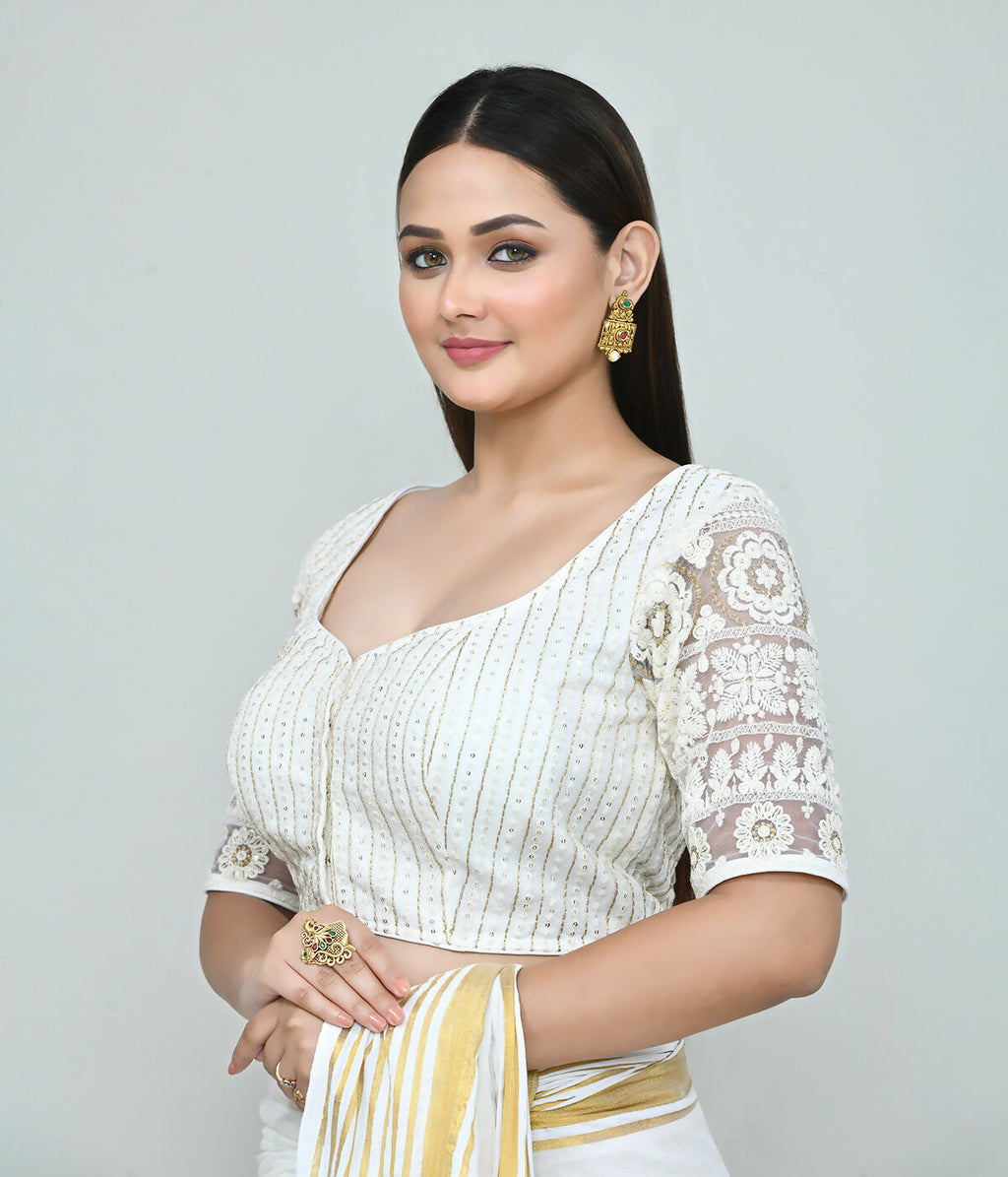 Women's White Embroidered Art Silk Stitched Blouse for Sarees