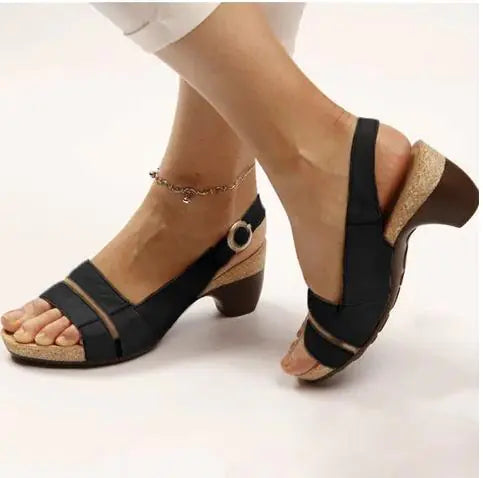 Close up view of stylish women's black and beige platform heel sandals with adjustable buckle straps