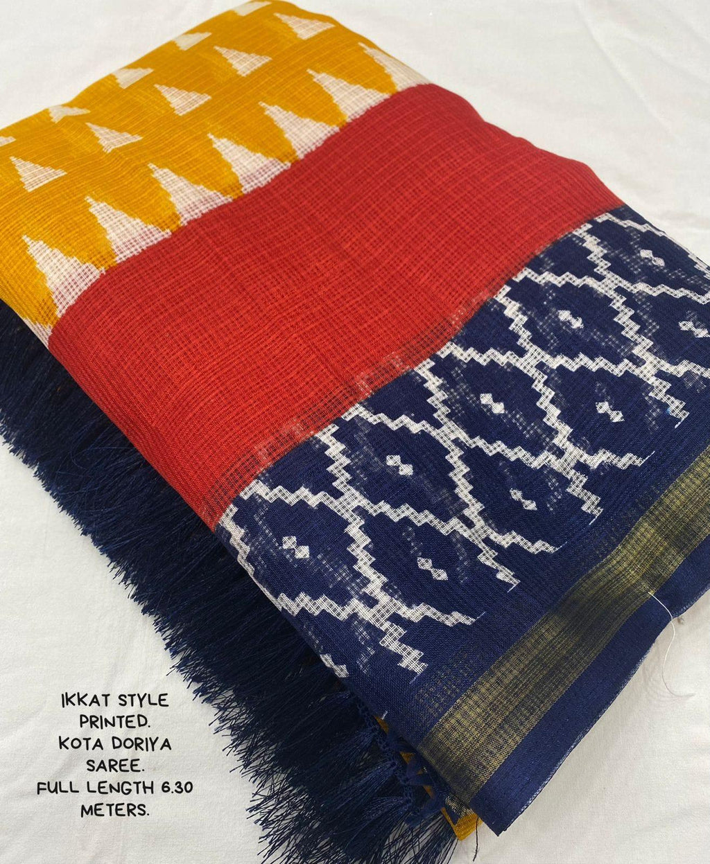 Yellow Polycotton Ikkat Printed Saree with Zari Border