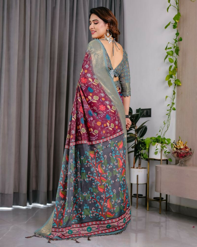 PR Fashion Purple Pure Handloom Linen Saree