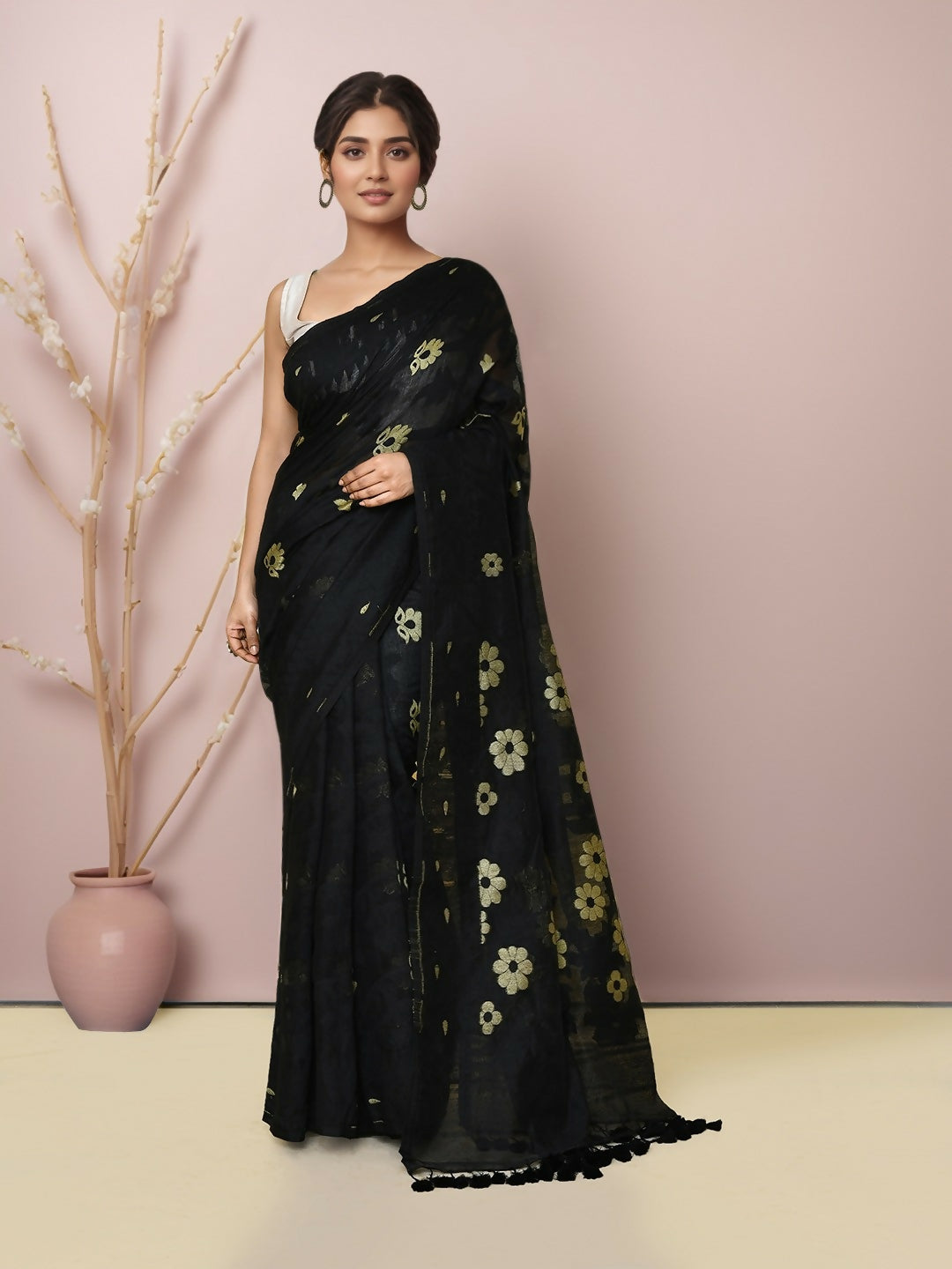 Elegant black cotton blend Jamdani saree featuring intricate, high-quality woven patterns.
