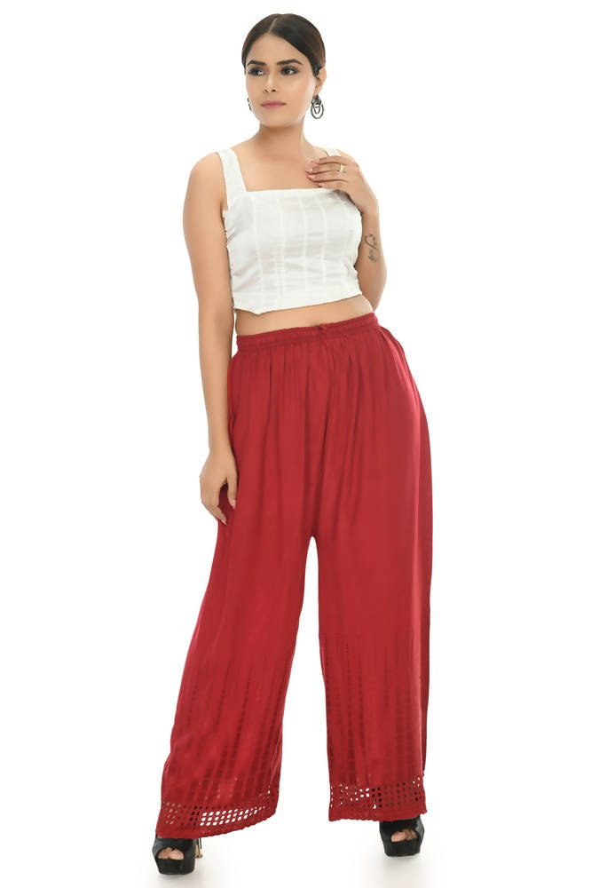 Maroon Rayon Cotton Palazzo with Cut Work Detail - 40 Inch Length