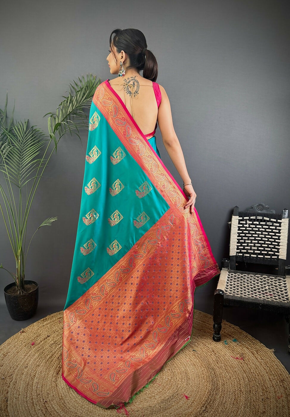 Maroon Peacock Motif Banarasi Soft Silk Saree with Blouse