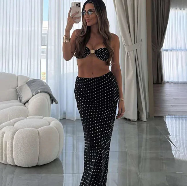 Women's Black Sheath Mesh Dots Two-piece Set (Top and Skirt)