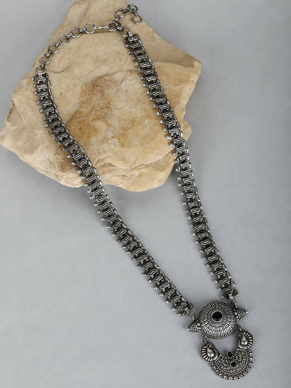 Long Pattern Silver Tone Brass Statement Necklace for Women