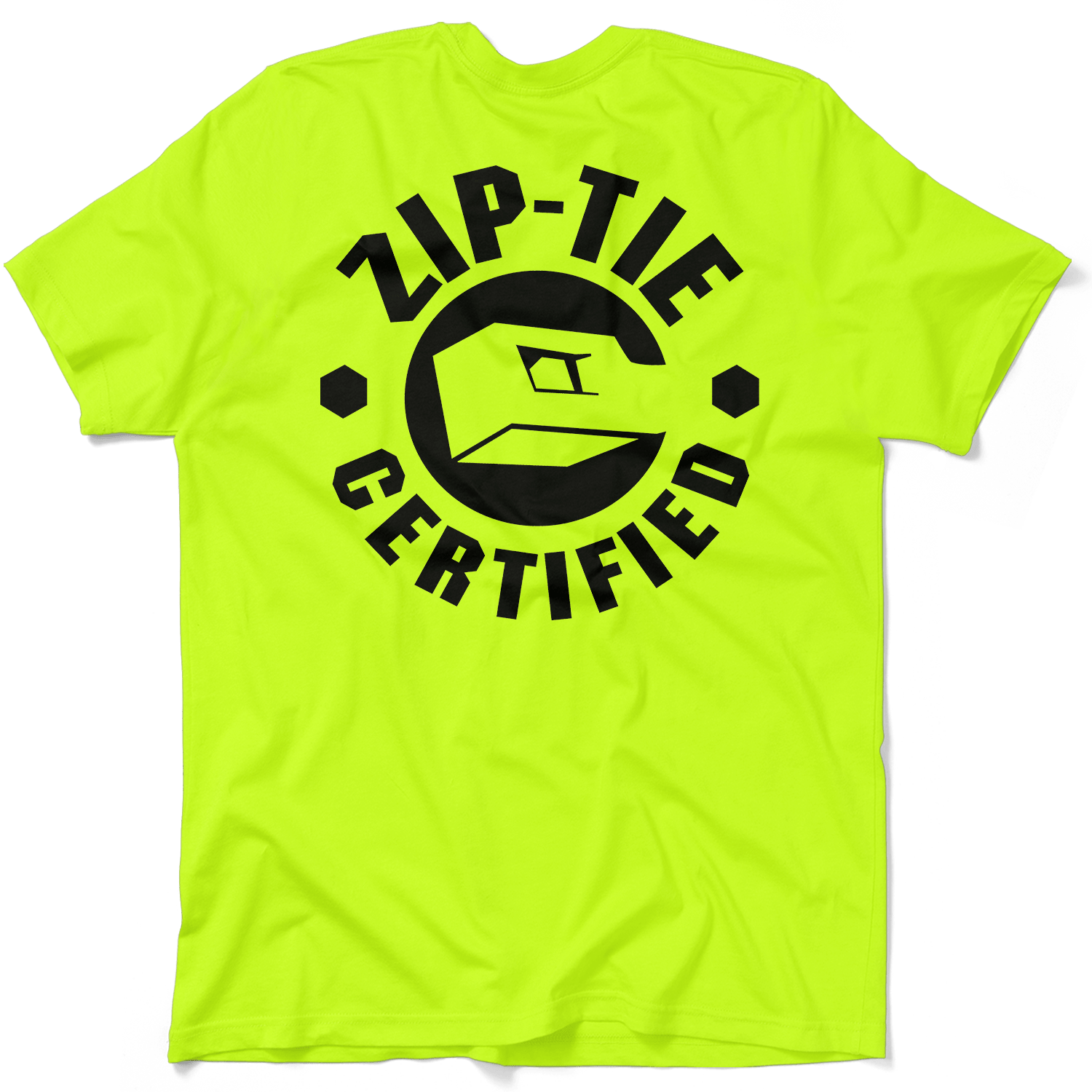 A vibrant safety yellow crew neck t-shirt with a bold black graphic on the center chest that reads Zip-Tie Certified.