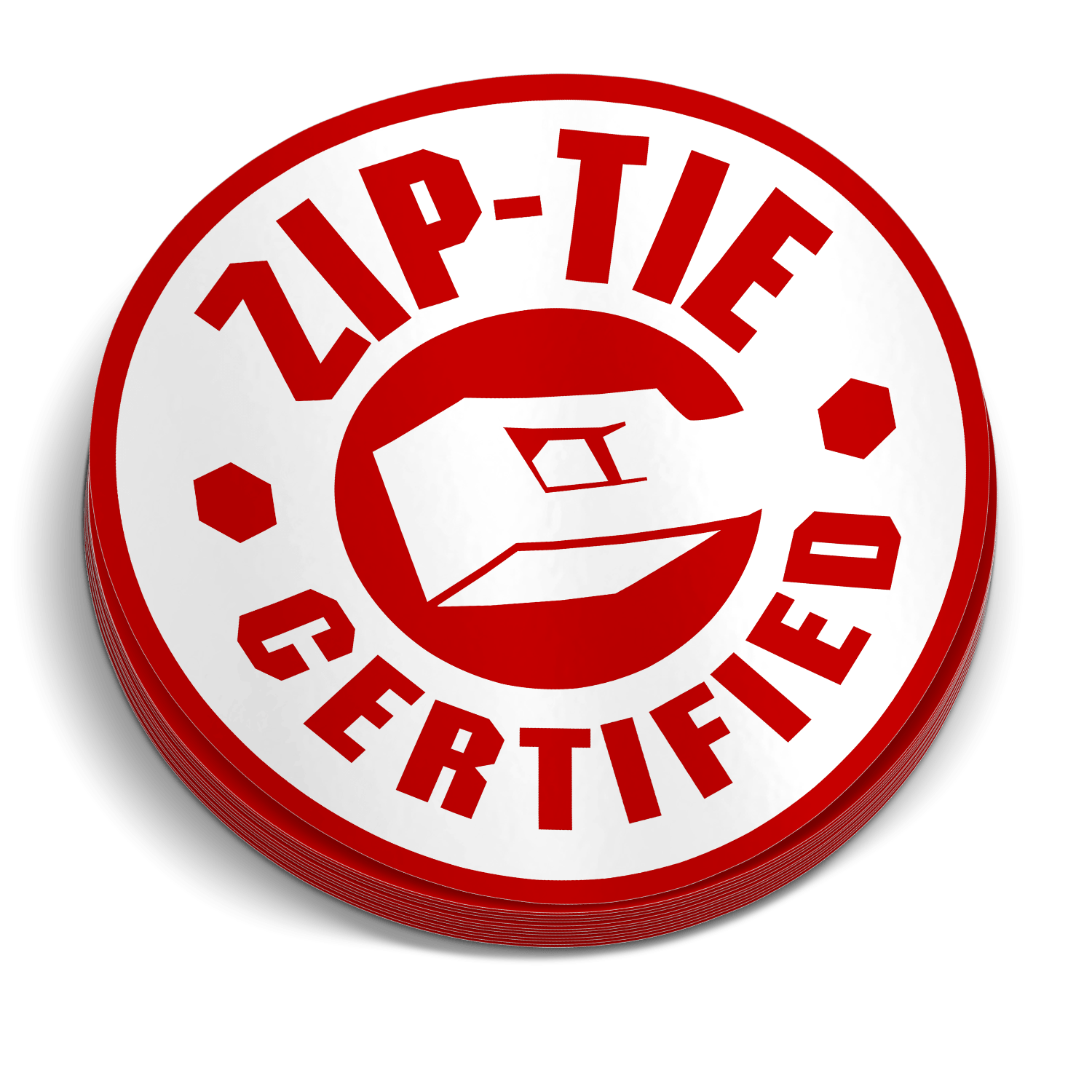 Round Zip-Tie Certified decal sticker with red text and white background