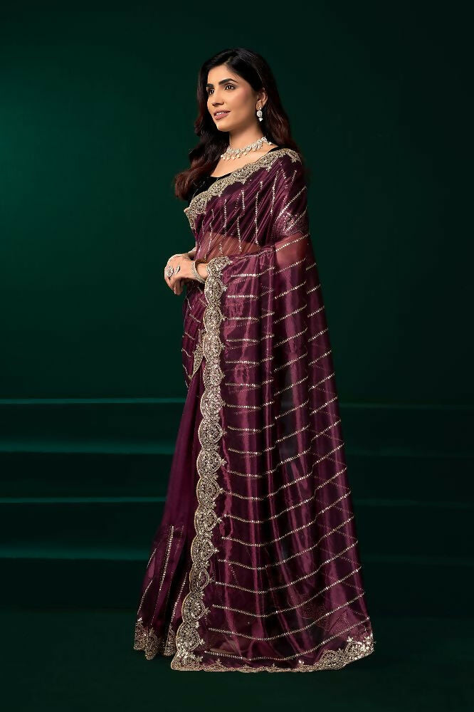 Purple Net Party Wear Saree with Contrast Black Velvet Blouse