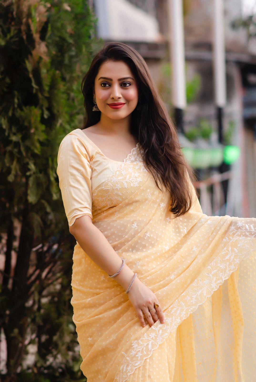 Yellow Pure Chiffon Embroidered Saree with Phantom Silk Blouse