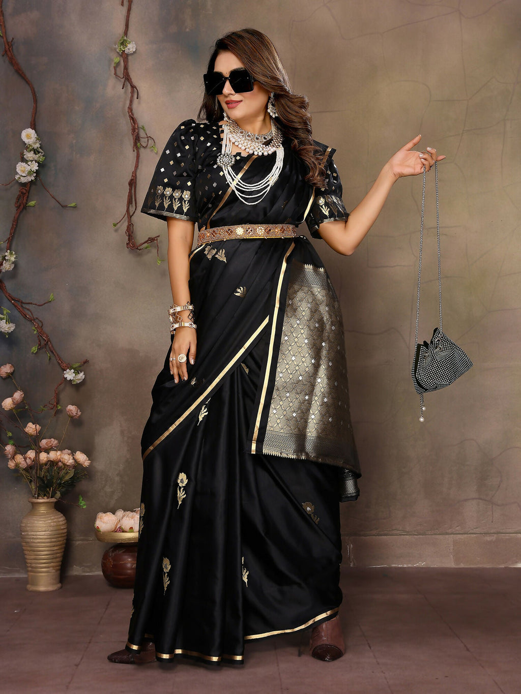 Black Floral and Botanical Satin Silk Banarasi Saree