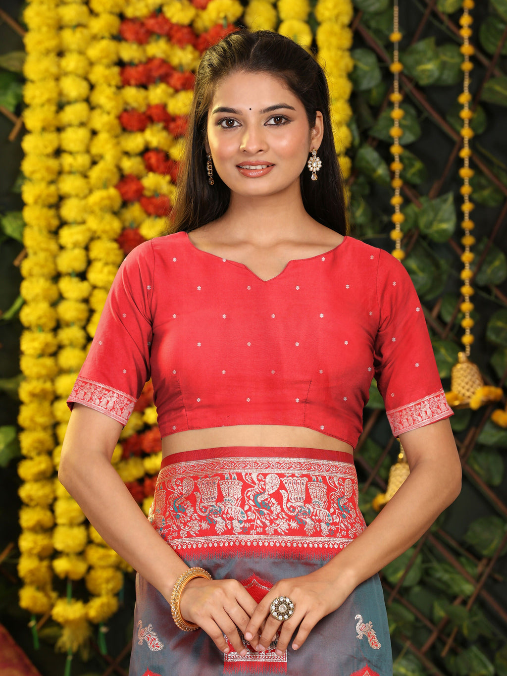 Grey Silk Saree with Contrasting Red Blouse