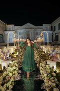 Green faux georgette Anarkali dress with gold zari and sequence embroidery