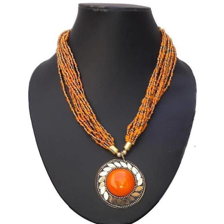 Traditional orange beaded necklace for women featuring intricate craftsmanship