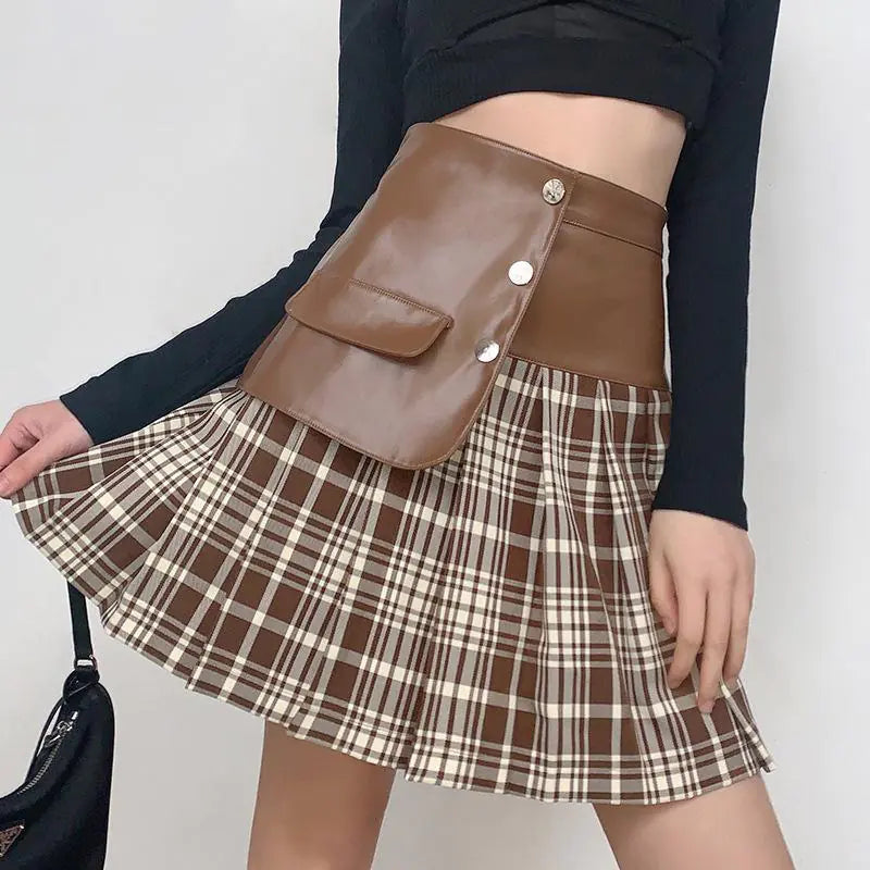 Women's Brown Faux Leather and Plaid Pleated Mini Skirt - Image 4