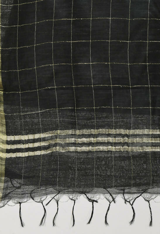 Black Cotton Zari Box Pattern Dupatta with Gold Accents