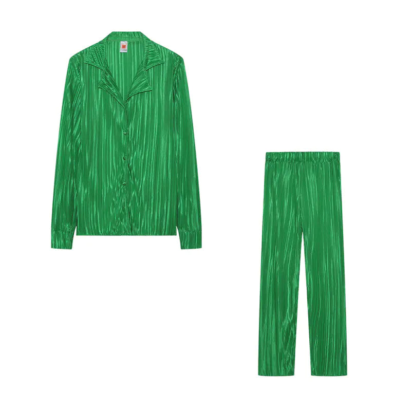 Women's Pleated Casual Button Down Shirt and Wide Leg Pant Set - Image 32