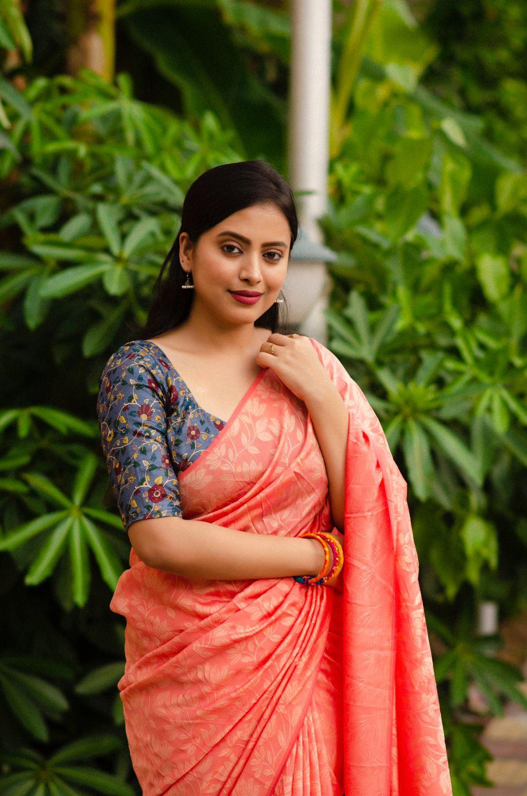 Pink Jute Silk Saree with Woven Jacquard and Kalamkari Blouse