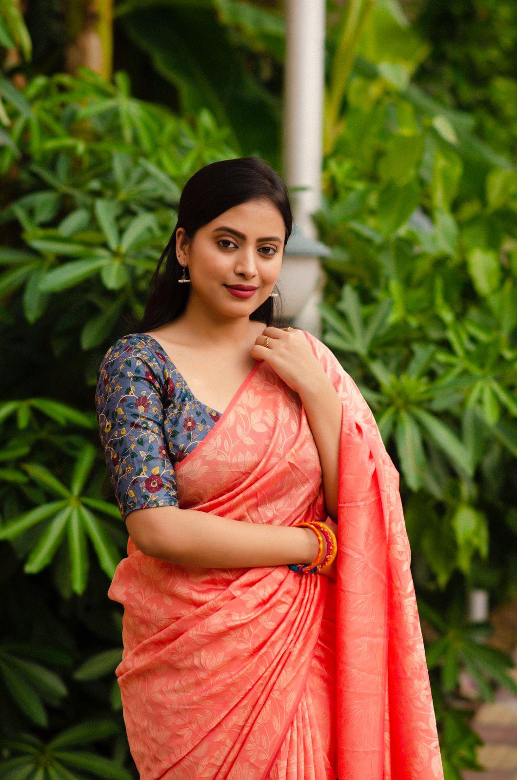 Pink Jute Silk Saree with Woven Jacquard and Kalamkari Blouse