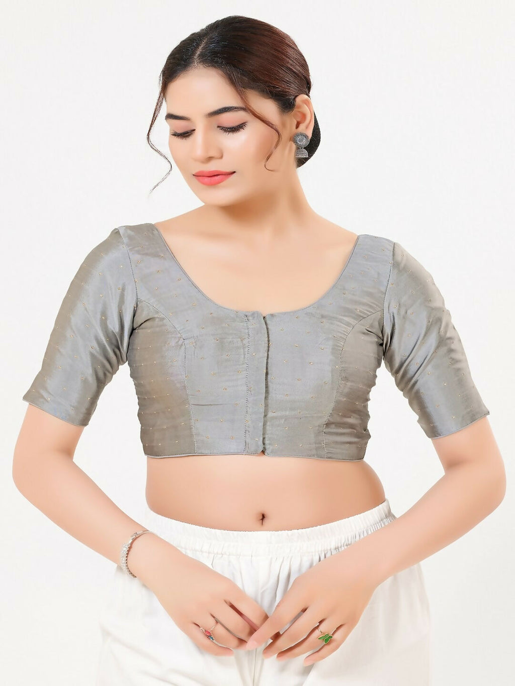 Grey Taffeta Silk sleeveless front open blouse