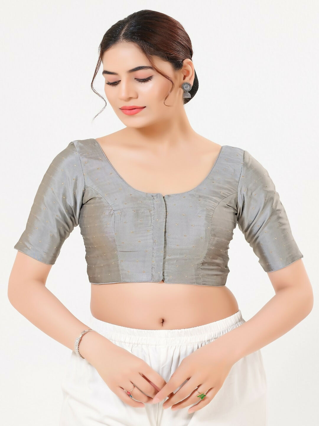 Grey Taffeta Silk sleeveless front open blouse