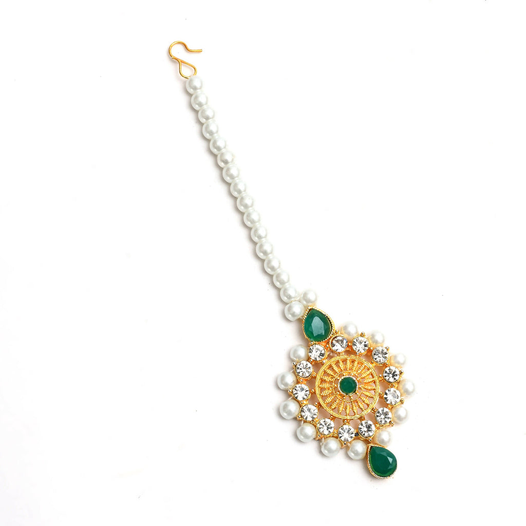 Gold-Plated Rani Haar Long Necklace with Cream and Green Pearls