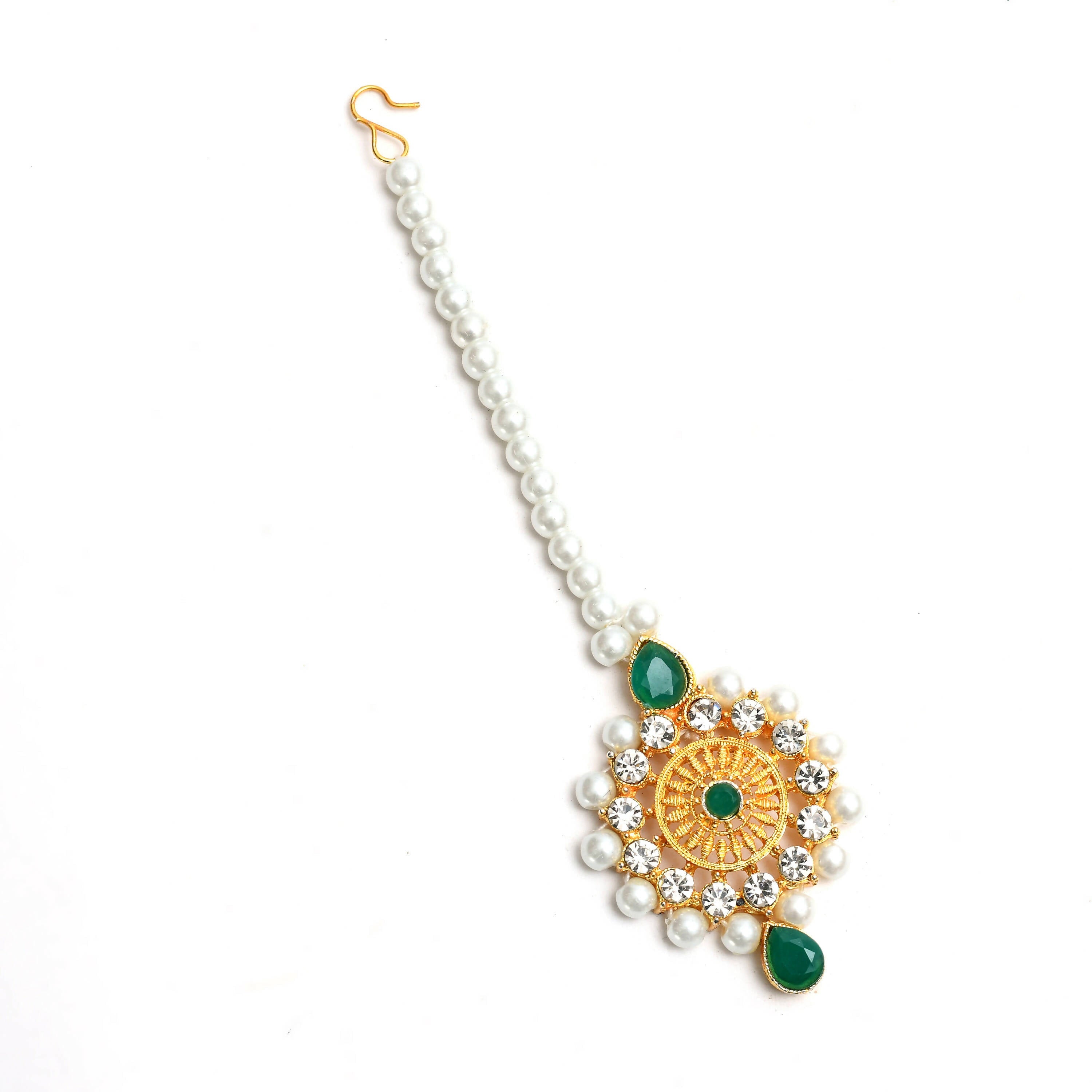 Gold-Plated Rani Haar Long Necklace with Cream and Green Pearls