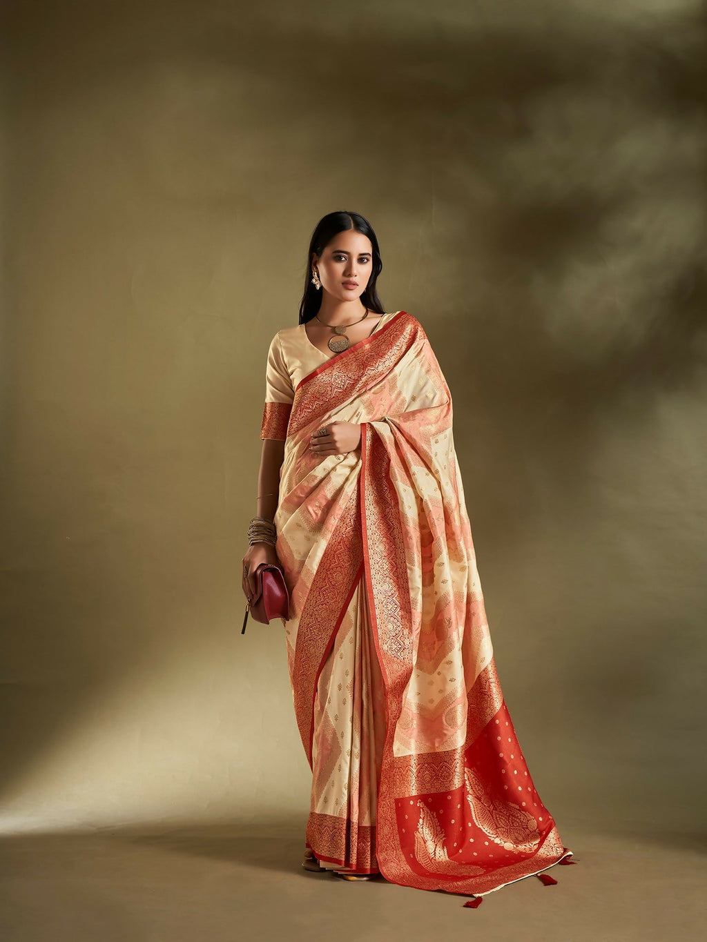 Cream and Pink Banarasi Silk Saree with detailed weaving border