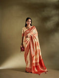Cream and Pink Banarasi Silk Saree with detailed weaving border
