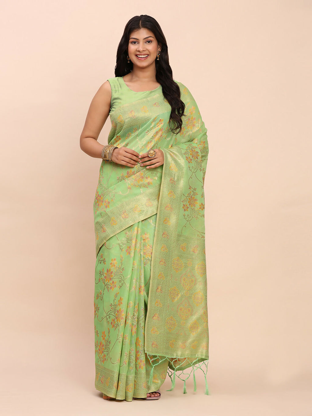 Green Linen Cotton Saree with Matching Blouse Piece
